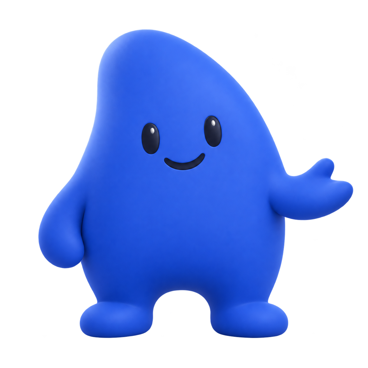 A friendly cobalt blue abstract character offering a helping hand
